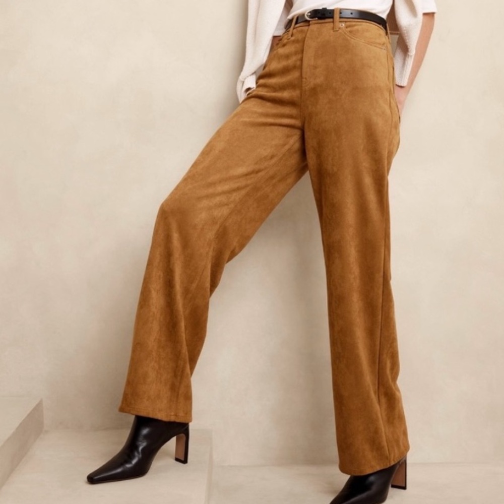 Banana Republic Ultra High Rise Vegan Suede Wide Leg Pants Tan Size 12 Petite
